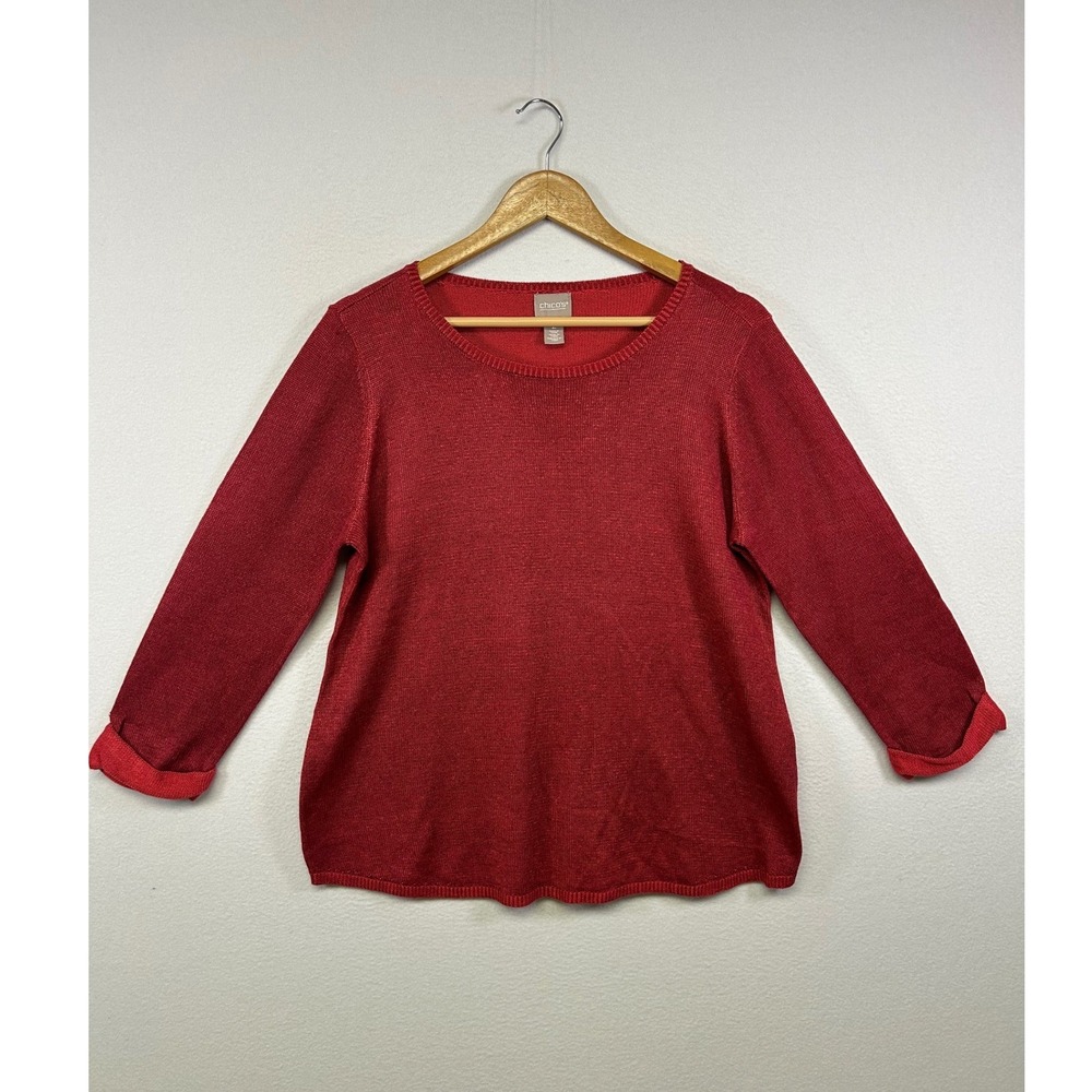 Classic Minimalist Chicos Womens Size LG Red‎ 3/4 Sleeve Crew Neck Knit Sweater